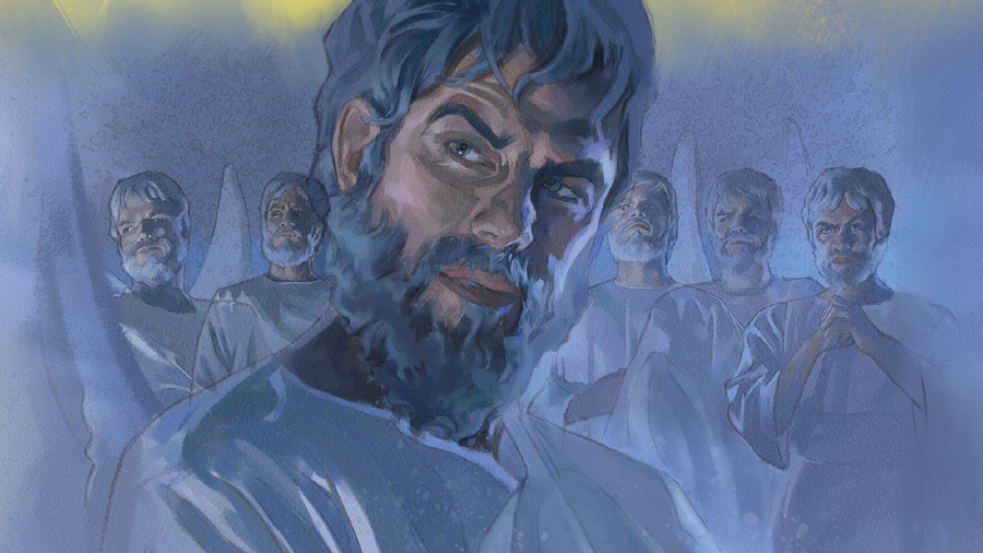 השטן בשמיים ומסביבו מלאכים מרושעים.‏