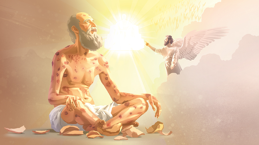 השטן נמצא בשמיים ומאשים את איוב לפני יהוה.‏ איוב יושב על האדמה ועל כל גופו יש פצעי שחין.‏