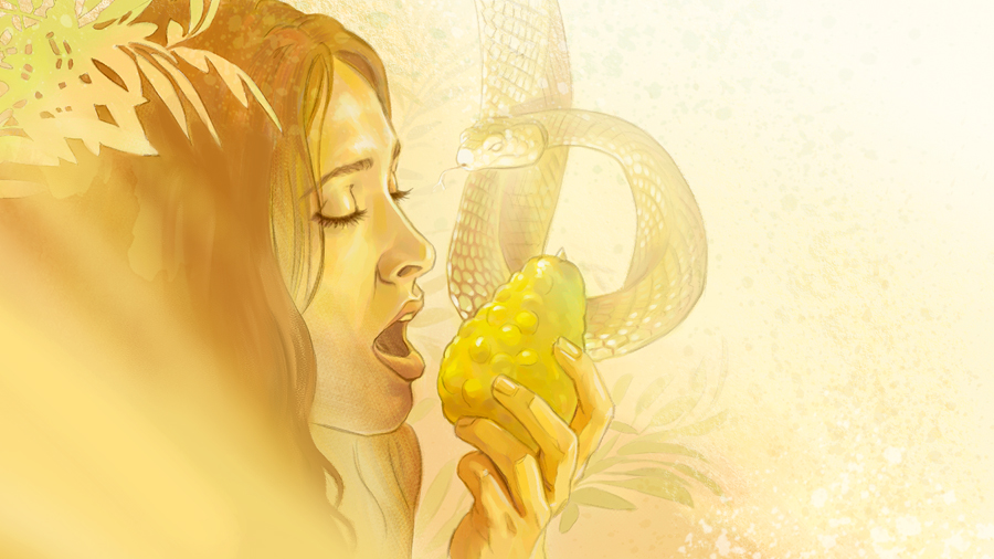 הנחש מתבונן בחוה שעומדת לאכול מהפרי האסור.‏