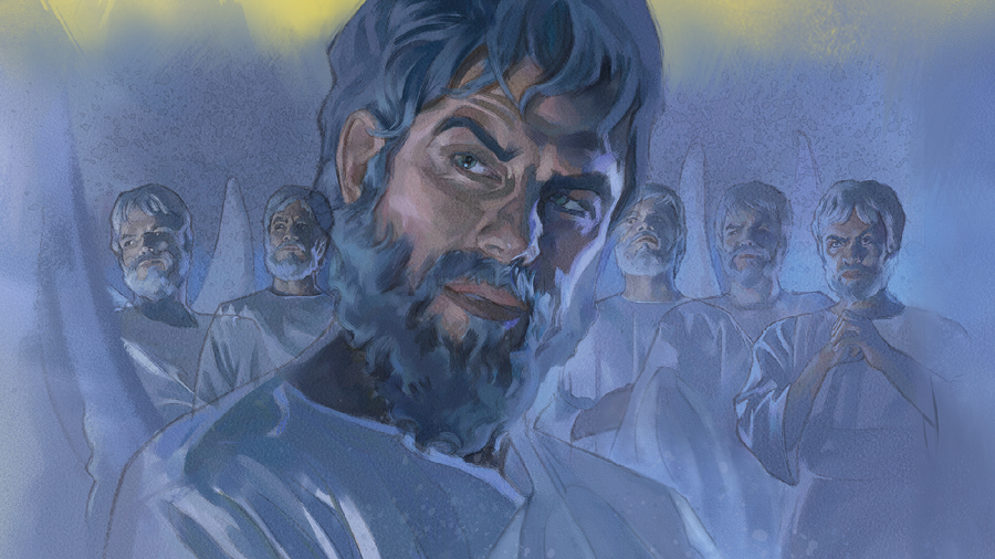 השטן בשמיים ומסביבו מלאכים מרושעים.‏