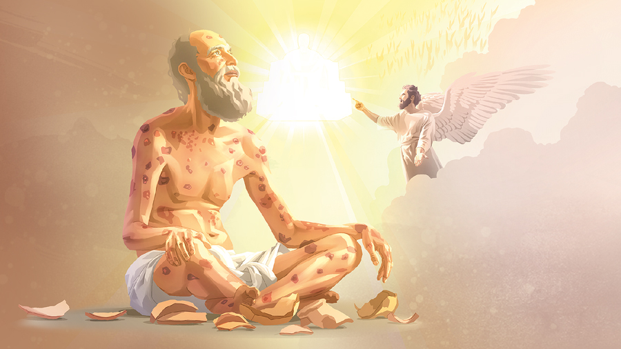 השטן נמצא בשמיים ומאשים את איוב לפני יהוה.‏ איוב יושב על האדמה ועל כל גופו יש פצעי שחין.‏