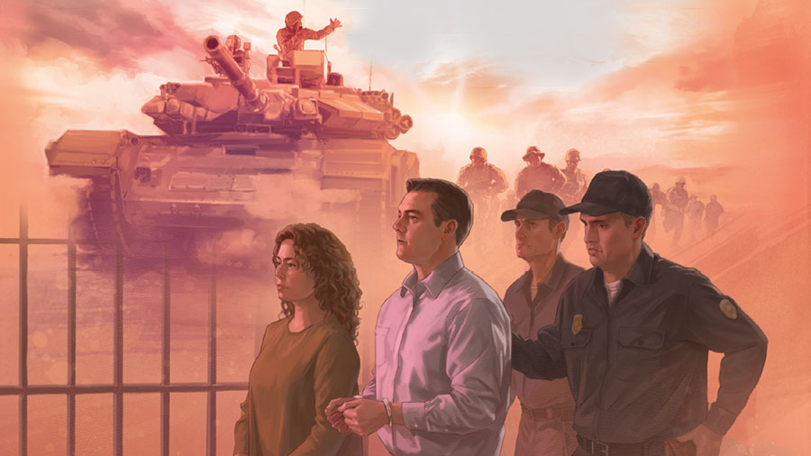 סדרת תמונות:‏ דוגמאות למצוקה.‏ 1.‏ חייל נוסע על טנק צבאי בזמן שחיילים אחרים הולכים אחריו ברגל.‏ 2.‏ שוטרים מלווים זוג עדי־יהוה הכבולים באזיקים.‏