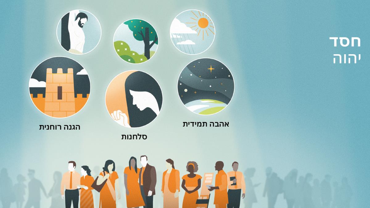משרתי יהוה מודגשים בין המשפחה האנושית כולה.‏ סדרת תמונות:‏ ביטויים של חסד יהוה.‏ 1.‏ אהבה תמידית,‏ מתוארת על־ידי כדור הארץ ושמיים זרועי כוכבים.‏ 2.‏ סלחנות,‏ מתוארת על־ידי אחות שמתפללת.‏ 3.‏ הגנה רוחנית,‏ מתוארת על־ידי עיר מבוצרת.‏ ברקע ביטויים של אהבת יהוה לכל בני האדם.‏ 4.‏ שמש וגשם.‏ 5.‏ פרחים,‏ צמחים ועצים.‏ 6.‏ קורבן הכופר.‏