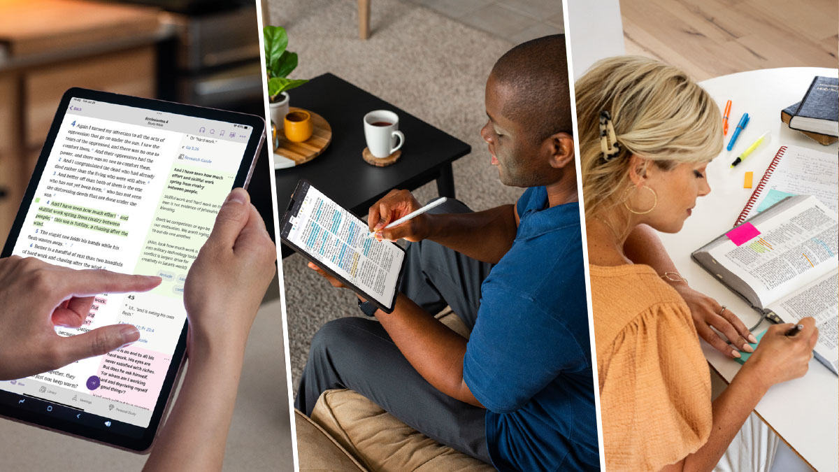 סדרת תמונות:‏ 1.‏ אחות כותבת פתק כדי לשים אותו במקרא.‏ 2.‏ אח מדגיש משפטים ומוסיפה הערות במאמר שהוא לומד בטאבלט שלו.‏ 3.‏ אחות מדגישה מילים ומוסיפה הערות במקרא.‏ היא משתמשת באפליקציה Library JW.‏