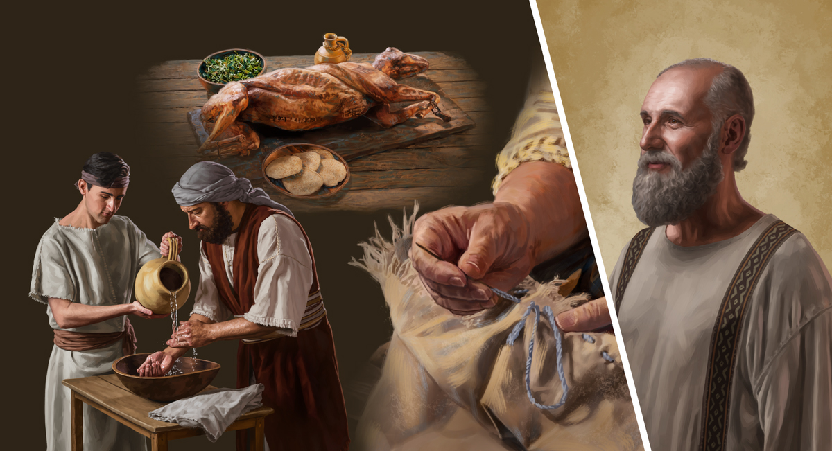 סדרת תמונות:‏ השליח פאולוס ושלוש דוגמאות למעשי התורה.‏ 1.‏ אדם שוזר פתיל תכלת בכנף בגדו.‏ 2.‏ סעודת הפסח הכוללת צלי כבש,‏ מצות ומרורים.‏ 3.‏ בחור יוצק מים לקערה שבה גבר אחר נוטל את ידיו.‏