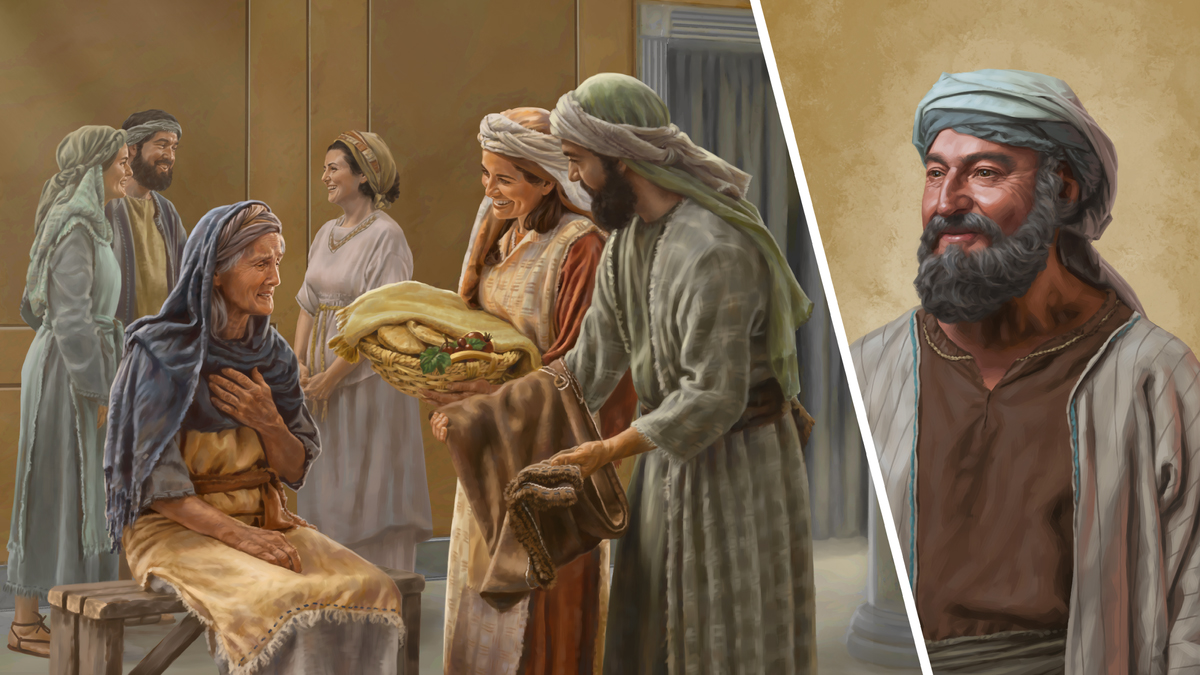 סדרת תמונות:‏ התלמיד יעקב ולידו רואים זוג משיחי שתורם בשמחה מזון ובגדים לאישה קשישה,‏ וברקע אנשים הלבושים יפה משוחחים ביניהם.‏