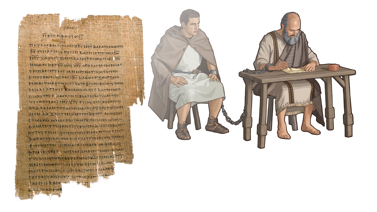 סדרת תמונות:‏ 1.‏ השליח פאולוס כותב איגרת בזמן שהוא כבול לאסיר רומי.‏ 2.‏ עותק קדום של איגרתו של פאולוס אל האפסים.‏