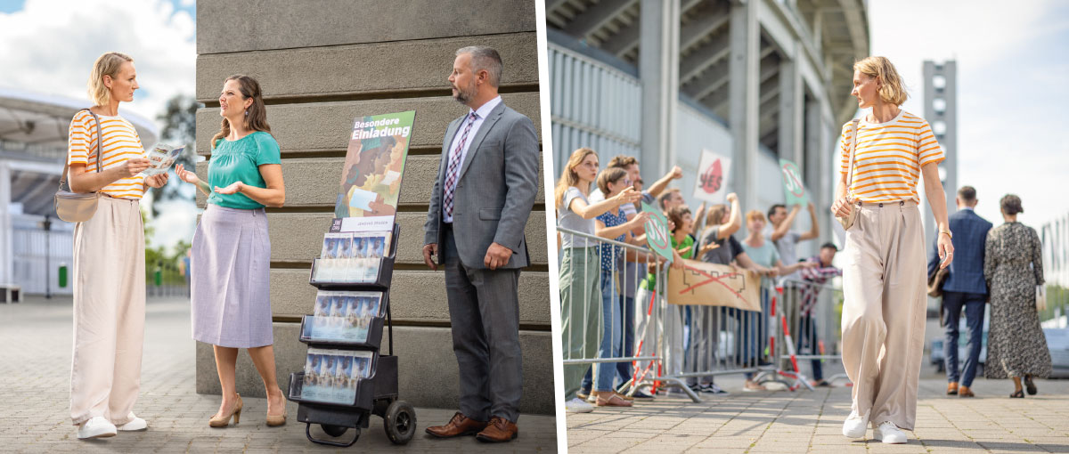 סדרת תמונות:‏ 1.‏ אישה מסתכלת על קבוצת כופרים שמפגינים מחוץ לאולם כינוסים.‏ 2.‏ מאוחר יותר,‏ האישה מדברת עם זוג שעומד עם עגלת ספרות.‏