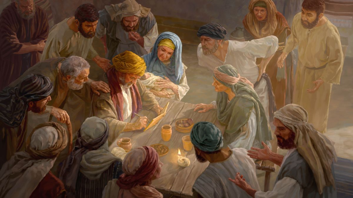 זכריה כותב על לוח,‏ בזמן שאלישבע יושבת לידו ומחזיקה את התינוק שלהם.‏ שכנים וקרובי משפחה מקיפים את זכריה ומביטים בו בתשומת לב.‏