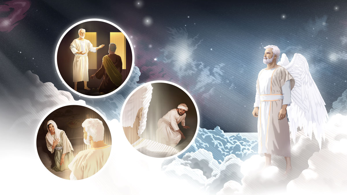 סדרת תמונות:‏ 1.‏ המלאך גבריאל בשמיים מביט למעלה.‏ 2.‏ הוא מוסר לדניאל מסר.‏ 3.‏ הוא מוסר לזכריה מסר.‏ 4.‏ הוא מוסר למרים מסר.‏