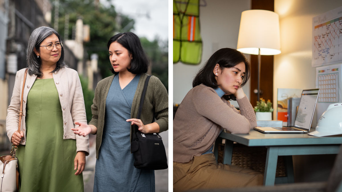 סדרת תמונות:‏ 1.‏ אחות מודאגת יושבת בשולחן ובוהה במחשב הנייד שלה ובקסדת מגן.‏ על הקיר יש לוח שנה וכתובות עליו פעילויות רבות.‏ 2.‏ האחות מדברת עם אחות מבוגרת מנוסה בזמן שהן יוצאות לשירות מבית לבית.‏