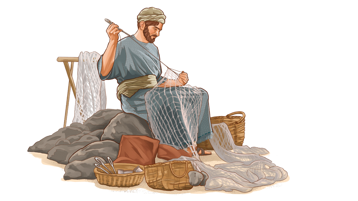 דייג מהמאה הראשונה מתקן את הרשת שלו.‏