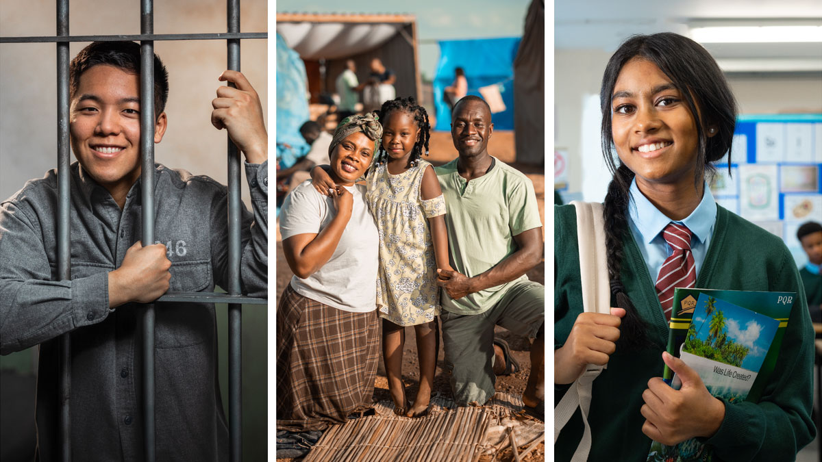 סדרת תמונות:‏ אחים ואחיות מתמודדים באומץ עם קשיים.‏ 1.‏ אחות בגיל העשרה נמצאת בכיתה בבית הספר.‏ היא מחייכת בביטחון ומחזיקה ספר לימוד ואת החוברת ”‏האם החיים נוצרו בידי בורא?‏”‏ 2.‏ משפחה במחנה פליטים.‏ כולם מחייכים וההורים מחבקים את בתם הקטנה.‏ 3.‏ אח צעיר מחייך ומסתכל דרך הסורגים של תא המאסר שלו.‏