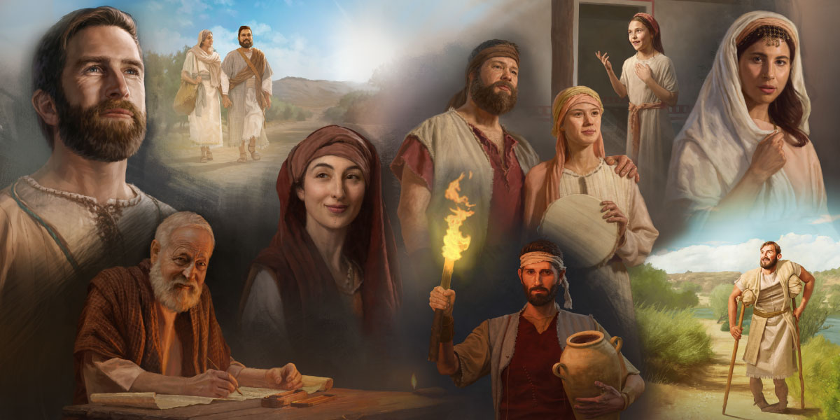 סדרת תמונות:‏ כמה משרתי אלוהים אמיצים.‏ למעלה:‏ רבקה,‏ הנערה הישראלית והשליח פטרוס עם אשתו.‏ באמצע:‏ יפתח עם בתו,‏ מרים המגדלית וסטפנוס.‏ למטה:‏ מפיבושת,‏ גדעון והשליח יוחנן הקשיש.‏