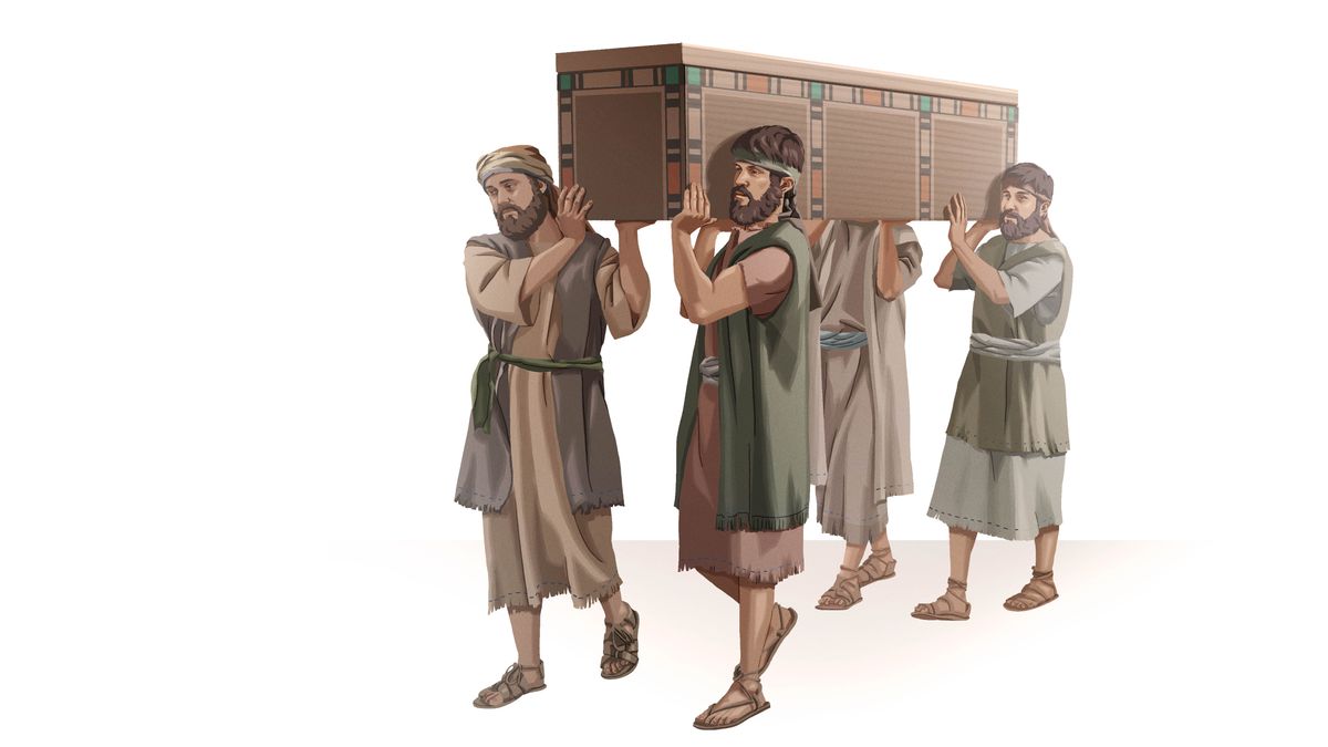 גברים מבני ישראל נושאים ארון קבורה שבתוכו נמצאות העצמות של יוסף למקום הקבורה הסופי בארץ המובטחת.‏