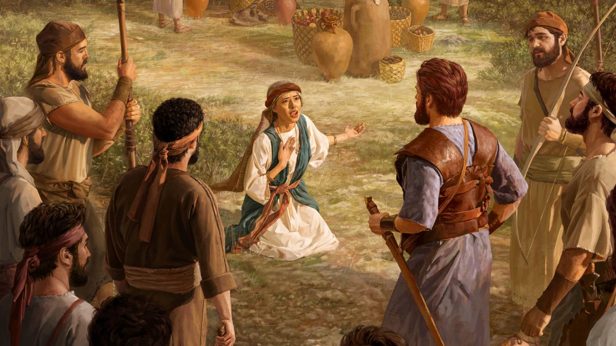 אביגיל רוכנת על ברכיה ומתחננת בפני דוד ואנשיו לרחמים.‏ מאחוריה יש מזון וכדים של יין.‏