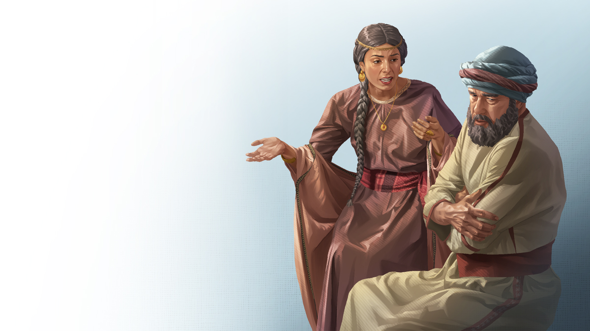 שרה מדברת אל אברהם בכנות,‏ ואברהם נראה לא מרוצה.‏