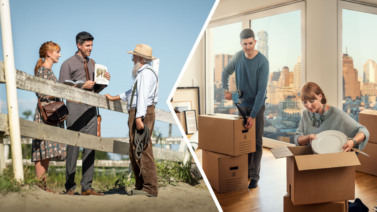 סדרת תמונות:‏ 1.‏ זוג צעיר אורז בשמחה את חפציהם ועוזב דירה נוחה בבניין גבוה בעיר.‏ 2.‏ בני הזוג מבשרים בשמחה לחקלאי בשטח כפרי.‏