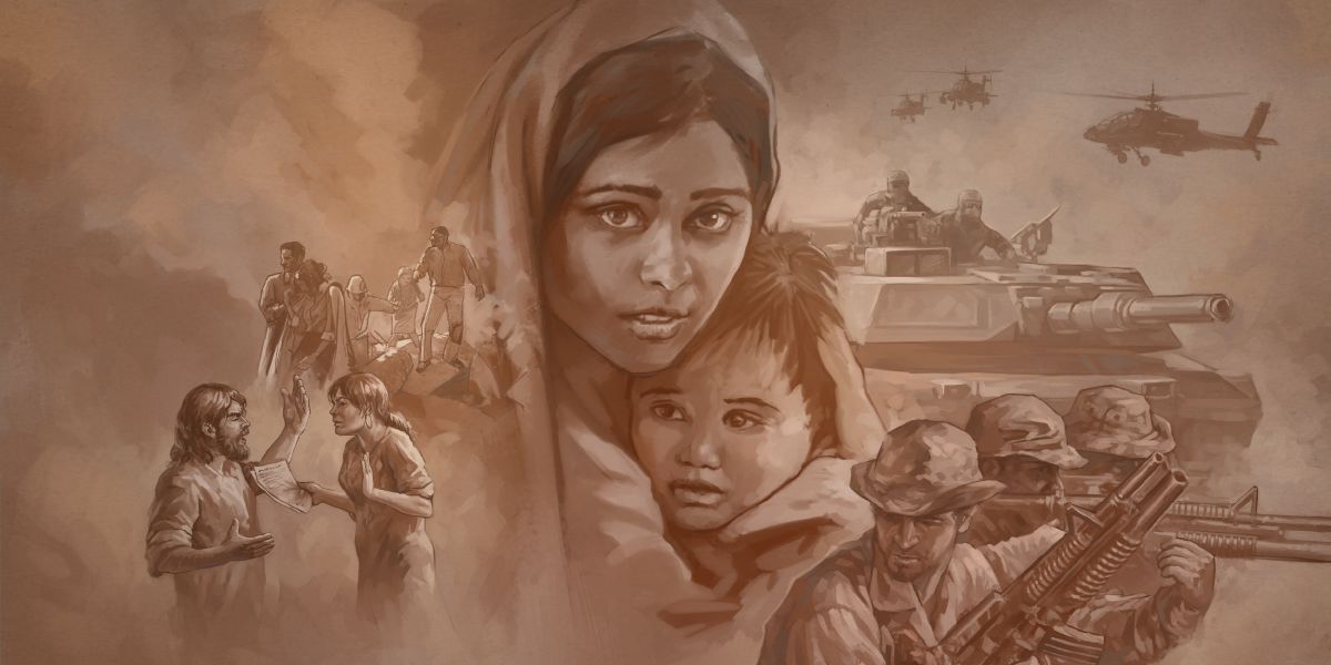 युद्ध के दौरान एक औरत ने अपने छोटे बच्चे को सीने से लगा रखा है