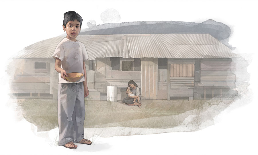 Bata nga yara sa atubangan sang daan nga balay, nagauyat sing wala sing unod nga yahong