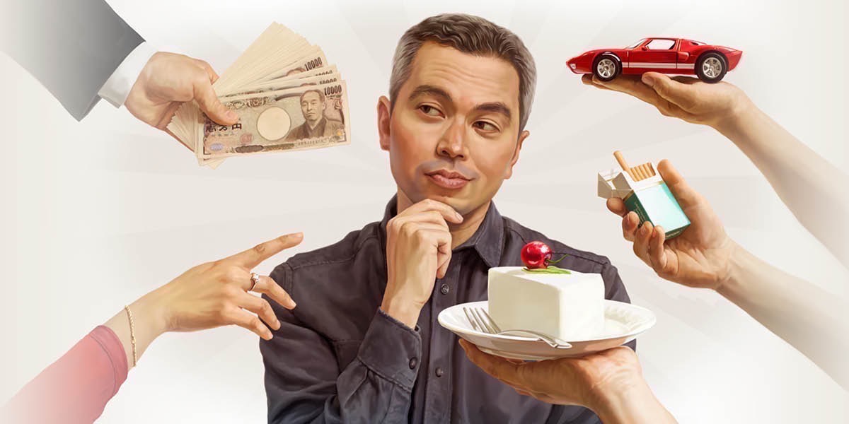 Tawo nga ginasulay paagi sa sports car, sigarilyo, pagkaon, babayi, kag kuarta