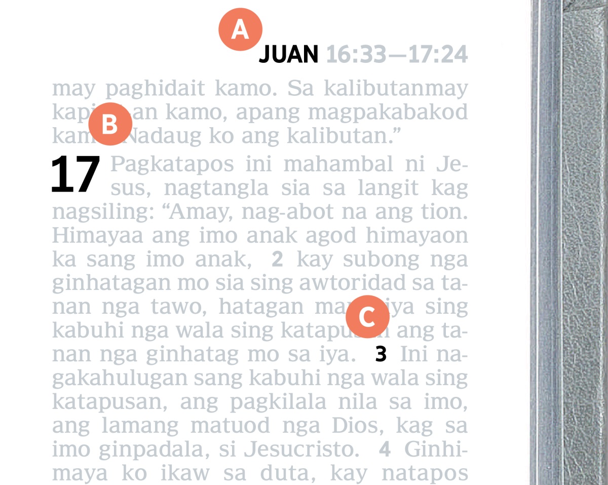 Mga feature sa pahina sang Biblia nga may label A, B, kag C.