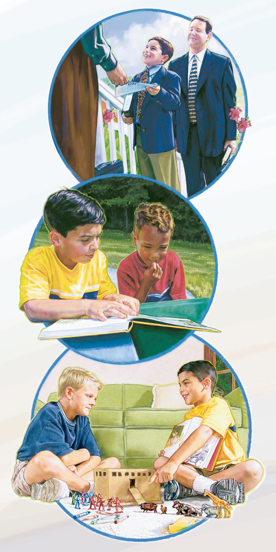 Bata nga lalaki nga nagabantala sa isa ka lalaki, ginpakita sa isa ka bata nga lalaki ang iya libro nga Ang Akon Libro sang mga Sugilanon sa Biblia, kag naghimo sang gamay nga arka upod sa isa pa ka bata nga lalaki