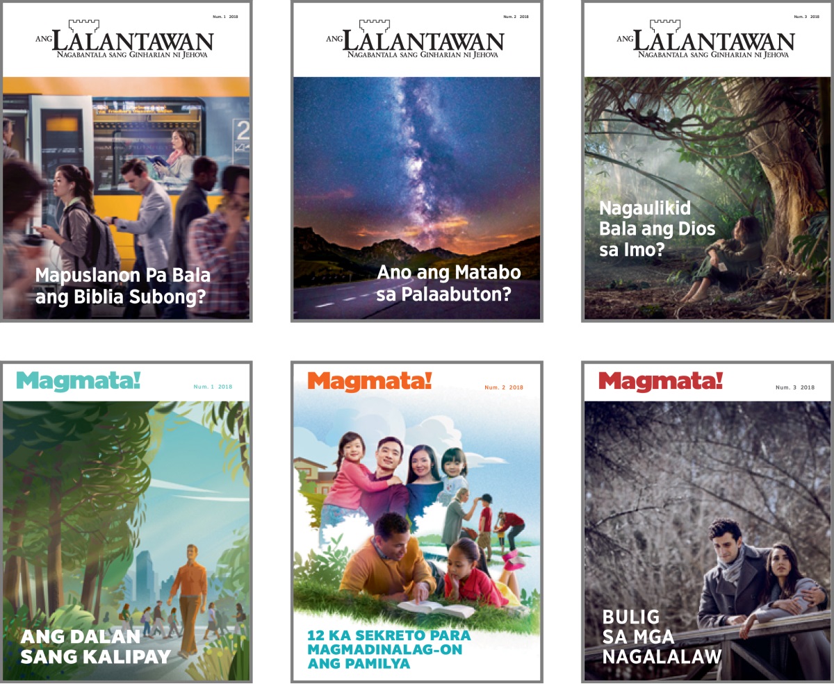 Mga piktyur: Mga topiko sa kober sang 2018 nga ‘Ang Lalantawan’ kag ‘Magmata!’ 1. ‘Mapuslanon Pa Bala ang Biblia Subong?’ 2. ‘Ano ang Matabo sa Palaabuton?’ 3. ‘Nagaulikid Bala ang Dios sa Imo?’ 4. ‘Ang Dalan sang Kalipay.’ 5. ‘12 ka Sekreto Para Magmadinalag-on ang Pamilya.’ 6. ‘Bulig sa mga Nagalalaw.’