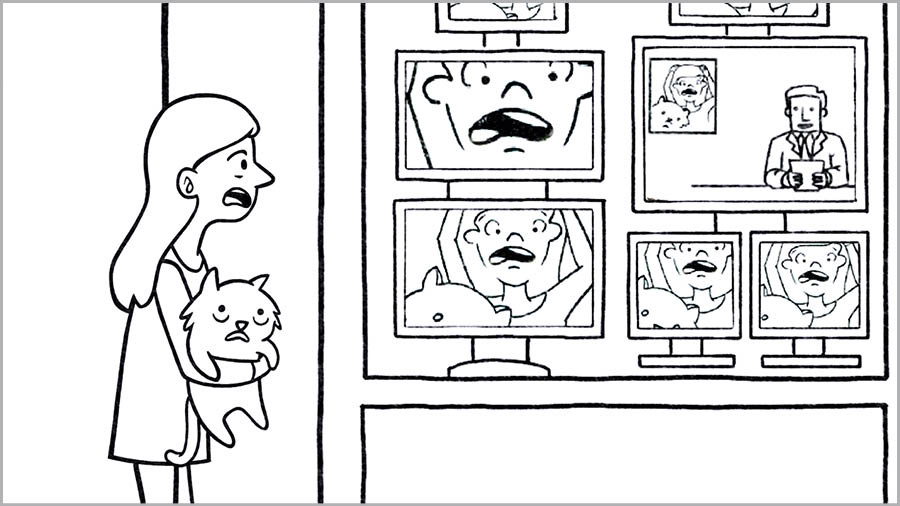 Eksena sa video nga “Mangin Maalamon sa Paggamit sang Social-Network.” Pamatan-on nga babayi nga nakibot sang nakita niya ang iya piktyur sa TV.