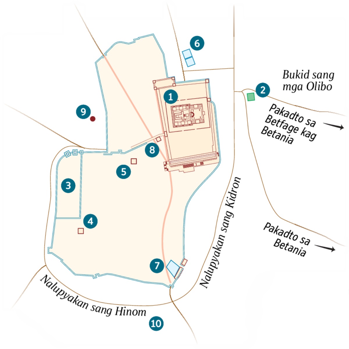 Mapa sang Jerusalem kag sang palibot sini. Makita ang kilala nga mga lugar kag ginabanta nga mga lokasyon. 1. Templo. 2. Hardin sang Getsemane. 3. Palasyo sang Gobernador. 4. Balay ni Caifas. 5. Palasyo ni Herodes Antipas. 6. Punong nga Bethzatha. 7. Punong sang Siloam. 8. Tilipunan sang Sanhedrin. 9. Golgotha. 10. Akeldama.