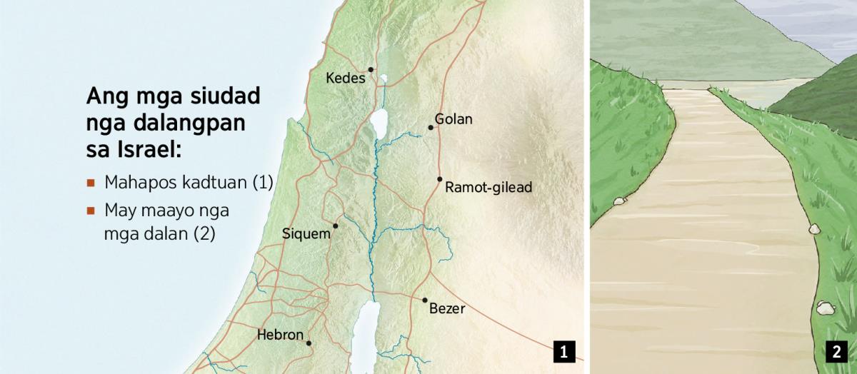 Ang mapa sang anom ka siudad nga dalangpan sa Israel kag ang isa ka maayo nga dalan