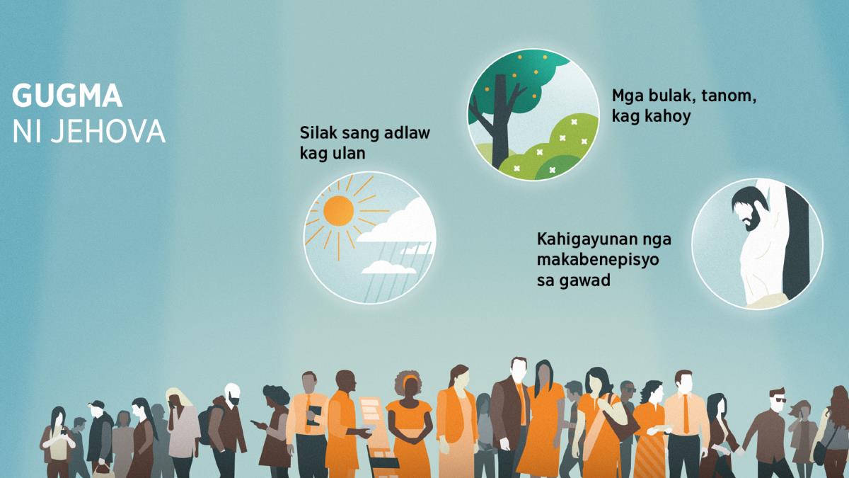 Mga tawo nga sarisari ang rasa kag edad. Mga piktyur: Mga pamatuod sang gugma ni Jehova. 1. Silak sang adlaw kag ulan. 2. Mga bulak, tanom, kag kahoy. 3. Kahigayunan nga makabenepisyo sa gawad.