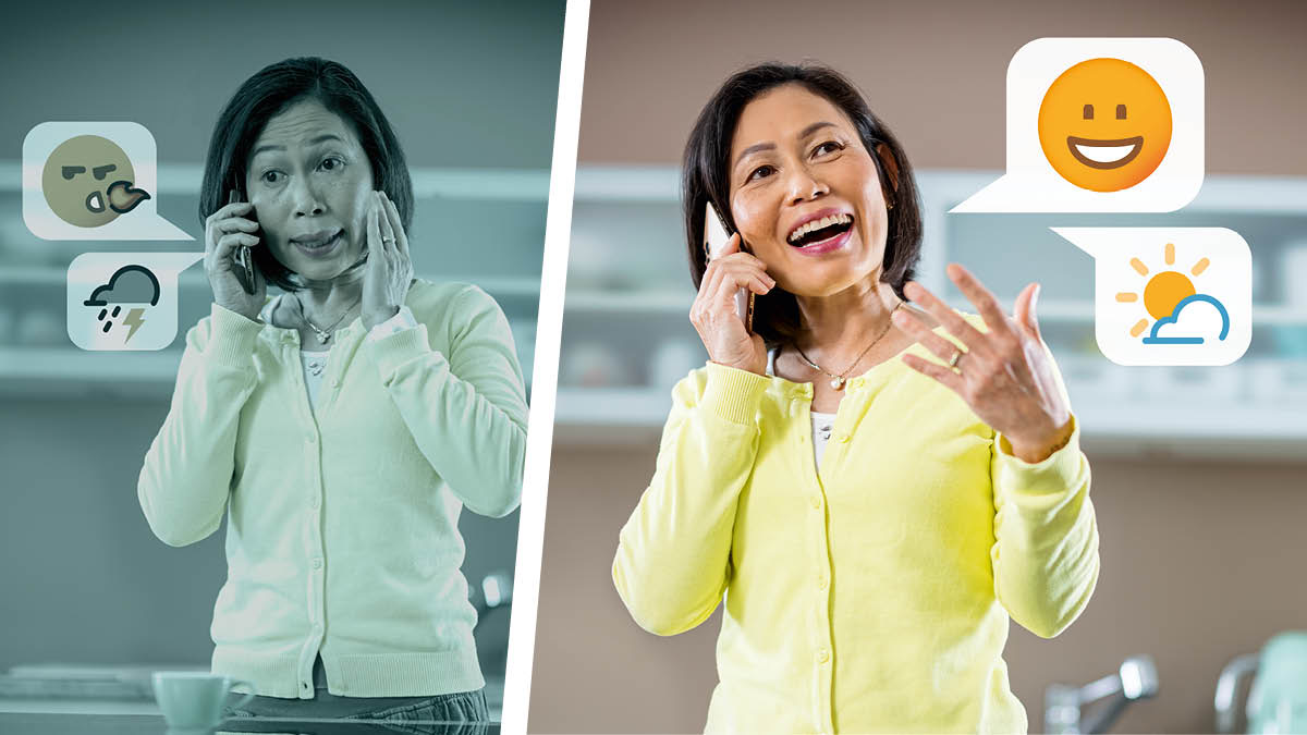 Mga piktyur: Magkatuhay nga eksena sa pag-istorya sa iban. 1. Ang piktyur sang sister nga may ginaistorya sa cell phone. Ang mga emoji nagapakita nga makahalalit kag indi maayo ang ginaistoryahan nila sang iya kaistorya. 2. Malipayon ang sister samtang may ginaistorya sia sa cell phone. Ang emoji nga smiley face kag ang emoji nga manami nga tiempo nagapakita nga maayo ang ginaistoryahan nila sang iya kaistorya.