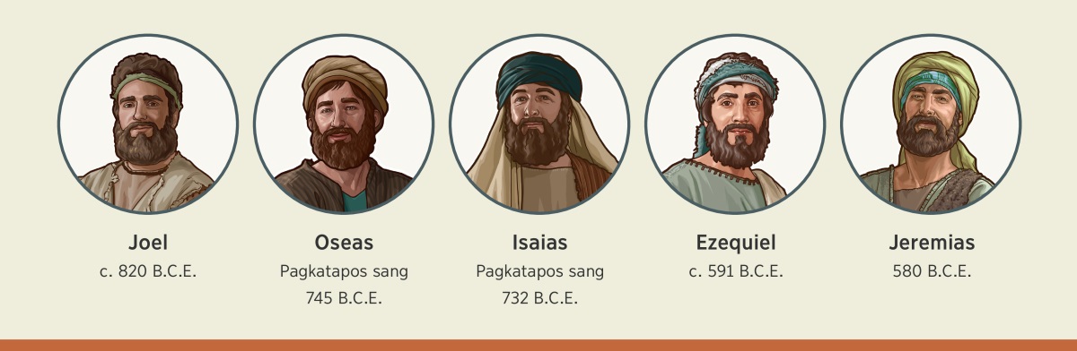Mga piktyur: Mga manalagna nga ginpadala ni Jehova para tadlungon ang iya rebelyuso nga katawhan. 1. Si Joel: mga 820 B.C.E. 2. Si Oseas: pagkatapos sang 745 B.C.E. 3. Si Isaias: pagkatapos sang 732 B.C.E. 4. Si Ezequiel: mga 591 B.C.E. 5. Si Jeremias: 580 B.C.E.