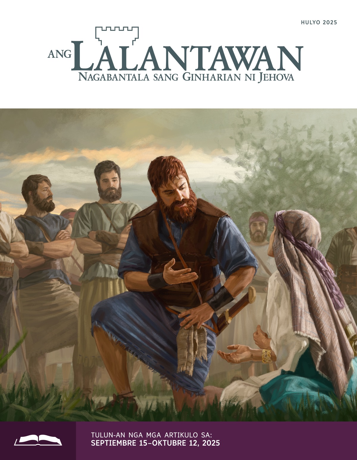 Ginapamatian sing maayo ni Hari David si Abigail nga nagapakitluoy sa iya nga nagapungko sa duta. Ara sa likod ni David ang iya mga tinawo.