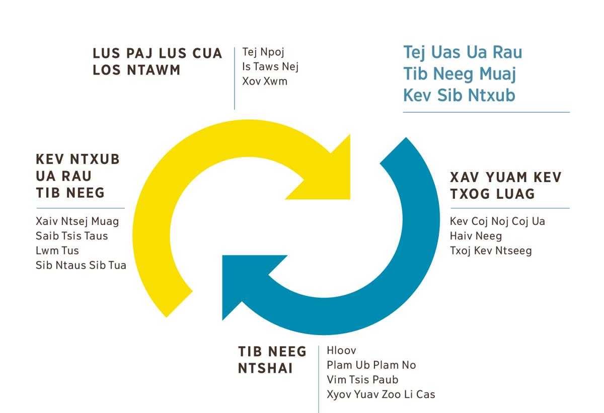 Ib daim duab uas qhia tias tej yam twg ua rau tib neeg sib ntxub. 1. Lus paj lus cua los ntawm tej npoj, Is Taws Nej thiab tej xov xwm. 2. Xav yuam kev txog luag tej kev coj noj coj ua, luag haiv neeg los sis luag txoj kev ntseeg. 3. Tib neeg ntshai hloov, plam ub plam no thiab tsis paub xyov yuav zoo li cas. 4. Kev sib ntxub ua rau tib neeg xaiv ntsej muag, saib tsis taus lwm tus, thiab sib ntaus sib tua.