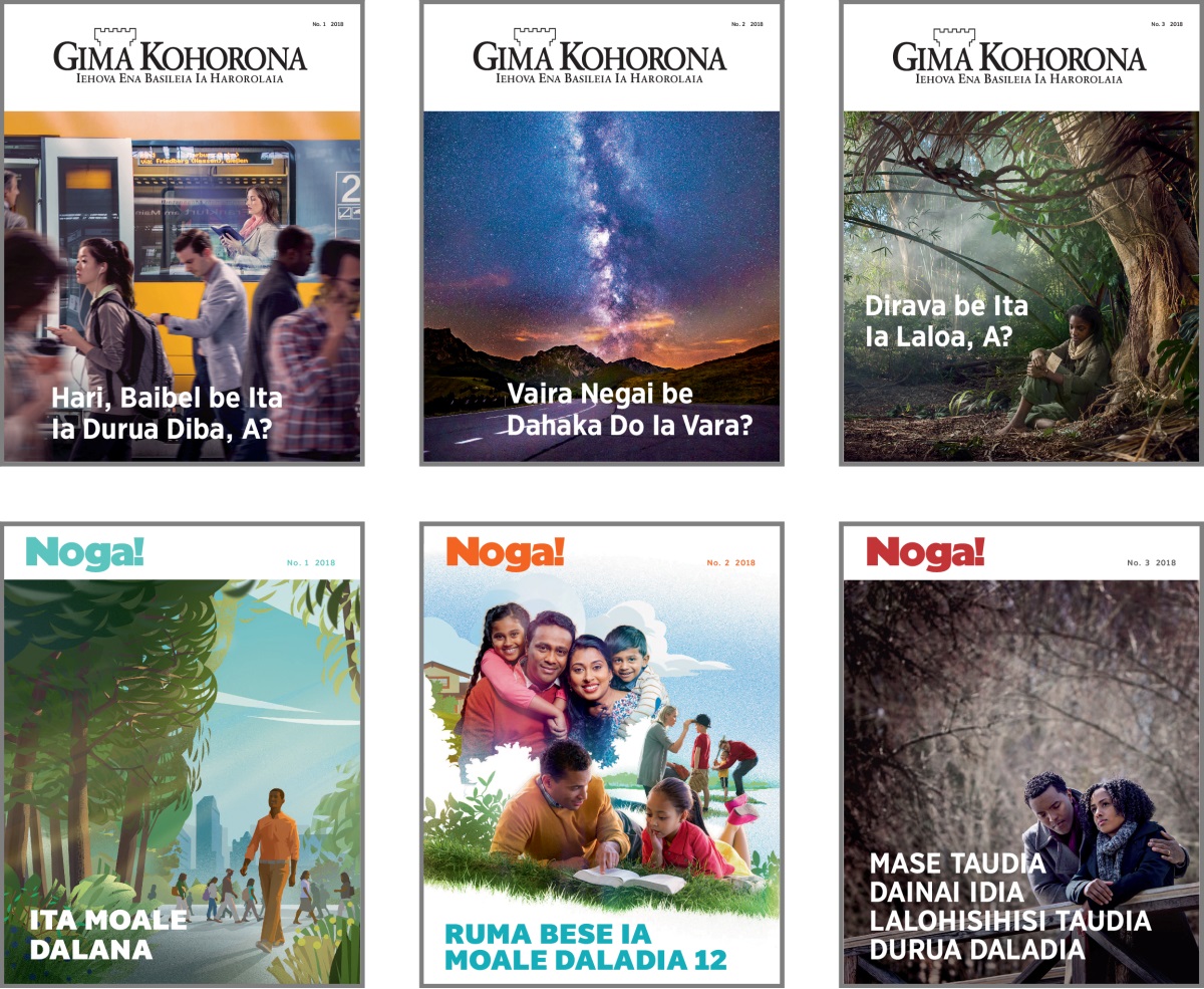 Laulau: Lagani 2018 ena ‘Gima Kohorona’ bona ‘Noga!’ edia sinado. 1. ‘Hari, Baibel be Ita Ia Durua Diba, A?’ 2. ‘Vaira Negai be Dahaka Do Ia Vara?’ 3. ‘Dirava be Ita Ia Laloa, A?’ 4. ‘Ita Moale Dalana.’ 5. ‘Ruma Bese Ia Moale Daladia 12.’ 6. ‘Mase Taudia Dainai Idia Lalohisihisi Taudia Durua Daladia.’