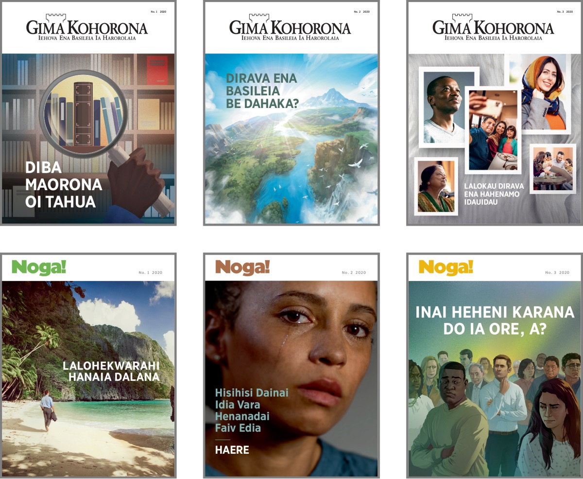 Laulau: Lagani 2020 ena ‘Gima Kohorona’ bona ‘Noga!’ edia sinado. 1. ‘Diba Maorona Oi Tahua.’ 2. ‘Dirava Ena Basileia be Dahaka?’ 3. ‘Lalokau Dirava Ena Hahenamo Idauidau.’ 4. ‘Lalohekwarahi Hanaia Dalana.’ 5. ‘5 Hisihisi Dainai Idia Vara Henanadai Faiv Edia Haere.’ 6. ‘Inai Heheni Karana Do ia Ore, A?’ 