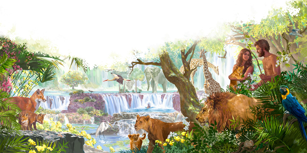Adamu bona Heva Paradaiso ai; animal bona au idauidau, bona waterfall ese idia ia hagegea.
