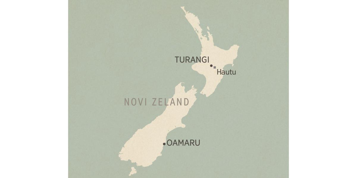 Karta Novog Zelanda. Vide se gradovi Turangi i Oamaru te kažnjenički logor Hautu