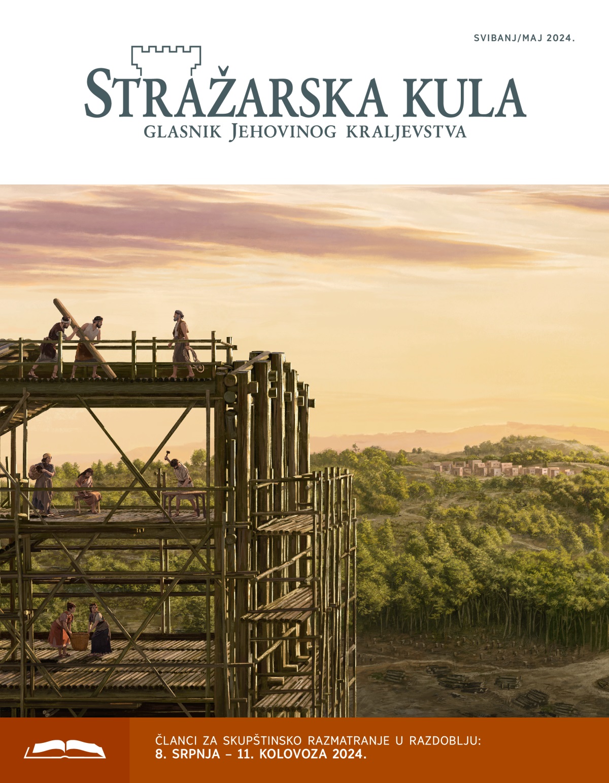 Noa i njegova obitelj grade arku. U daljini se vidi selo okruženo šumom.