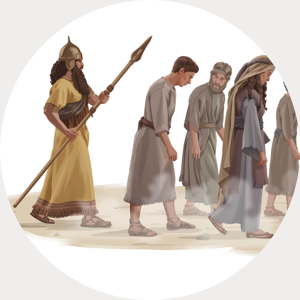 Asirski vojnik s kopljem u ruci hoda iza zarobljenih Židova.