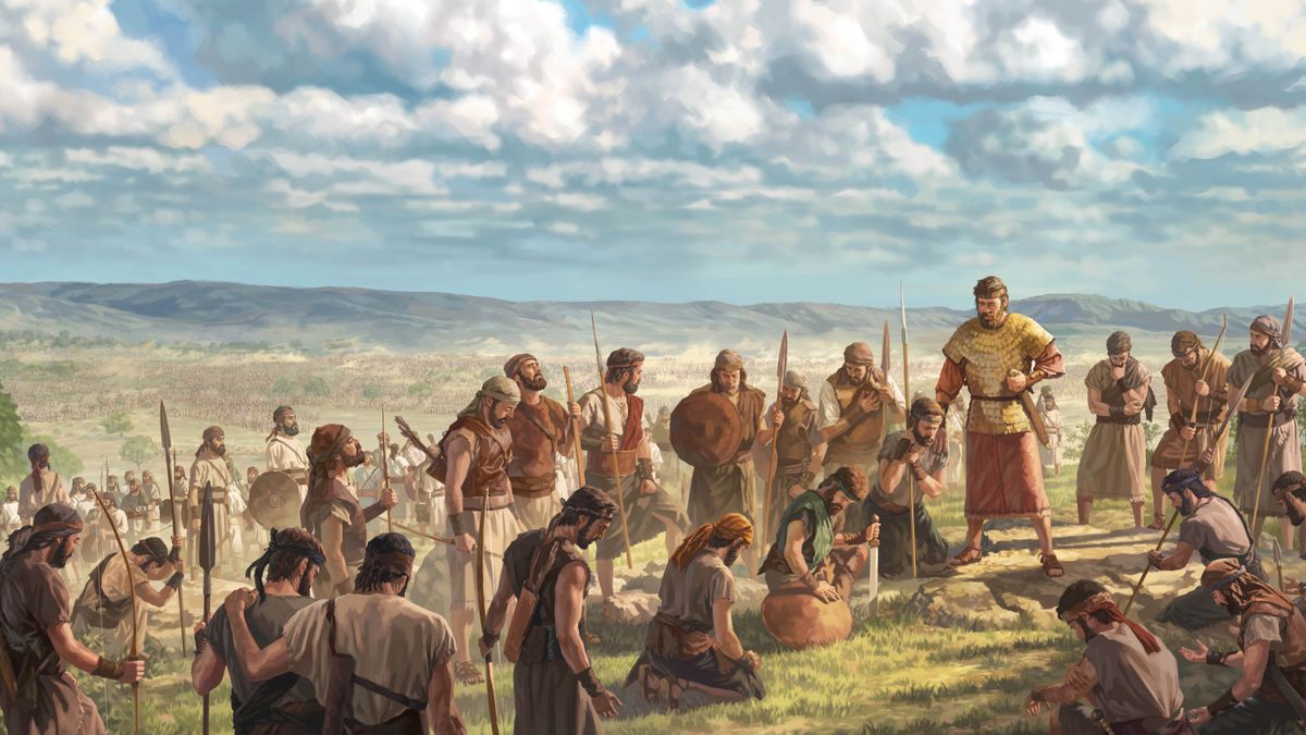 Kralj Asa i njegovi ljudi mole se Jehovi na vrhu brda. U pozadini se vidi ogromna etiopska vojska.