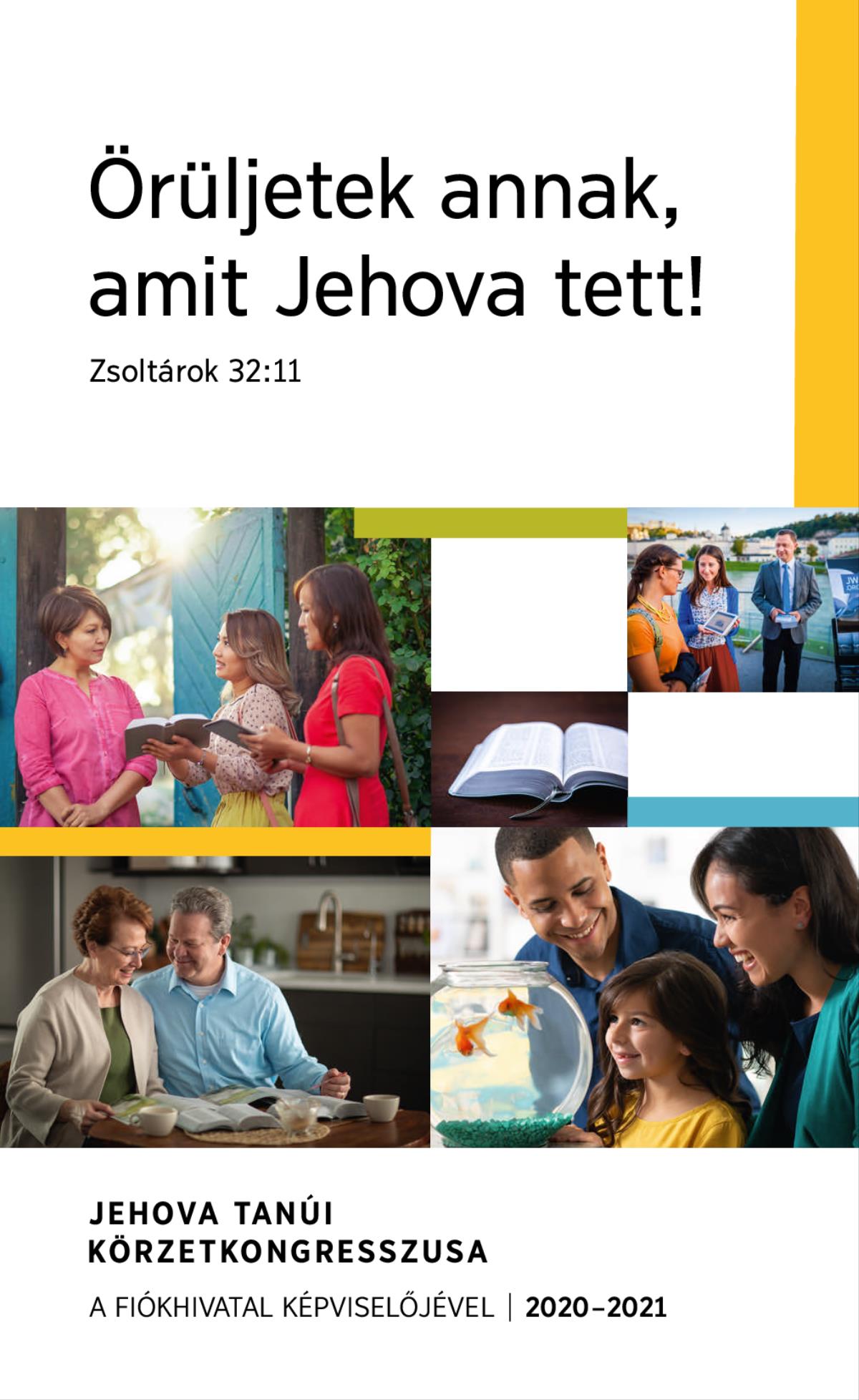 Kollázs: 1. Egy család aranyhalakat néz egy akváriumban. 2. Két Jehova Tanúja egy bibliaversről beszélget egy hölggyel a kapuban. 3. Egy házaspár tanulmányozza a Bibliát. 4. Egy Biblia kinyitva. 5. Egy házaspár megmutat egy bibliai témájú videót egy hölgynek közterületen.