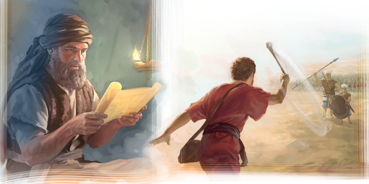 Józsué a törvényt olvassa; Dávid a parittyával egy követ lő Góliát felé