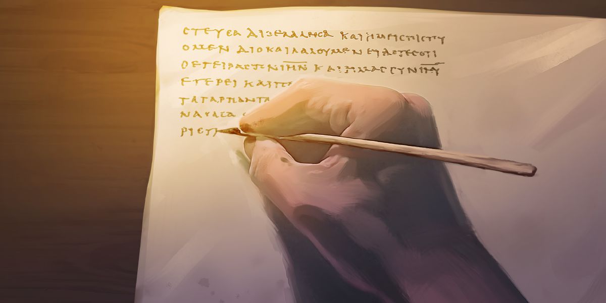 Egy férfi bibliai kéziratot másol