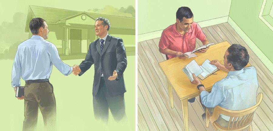 Egy férfi elmegy a királyságterembe egy összejövetelre, és tanulmányozza a Bibliát egy Jehova Tanújával