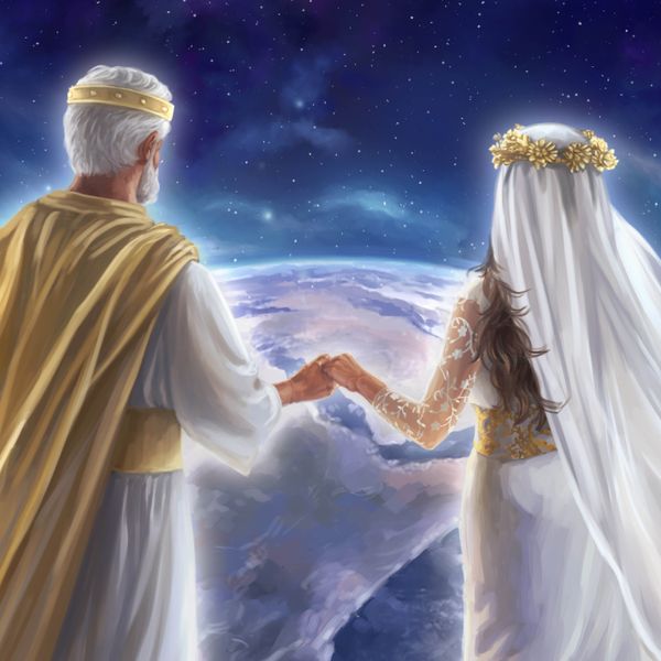 Az égben Jézus és a jelképes menyasszonya fogják egymás kezét, és figyelik a földet.