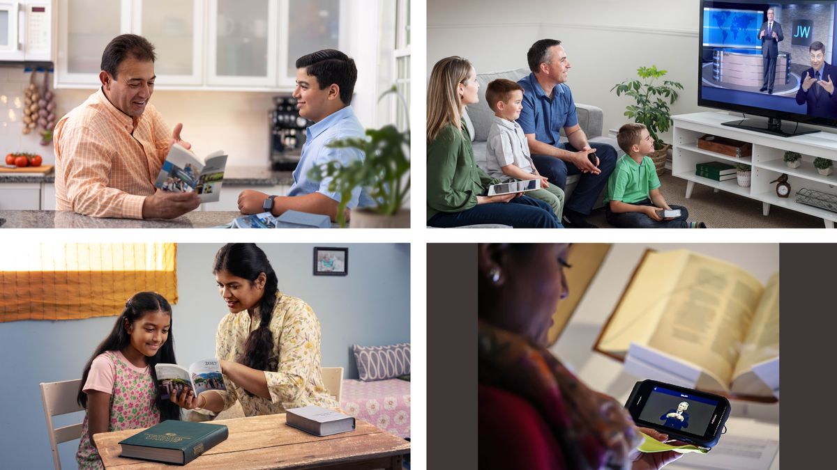 Képösszeállítás: 1. Egy apa megbeszél a fiával egy részt a „Szervezetten cselekedjük Jehova akaratát” című könyvből. 2. Egy család a JW TV havi adását nézi. 3. Egy másik család megnéz egy kiállítást a Bételben. 4. Egy anyuka tanulmányoz a lányával, és ehhez felhasználja az egyik évkönyvünket és a „Jehova Tanúi – Isten Királyságának hirdetői” című könyvet.