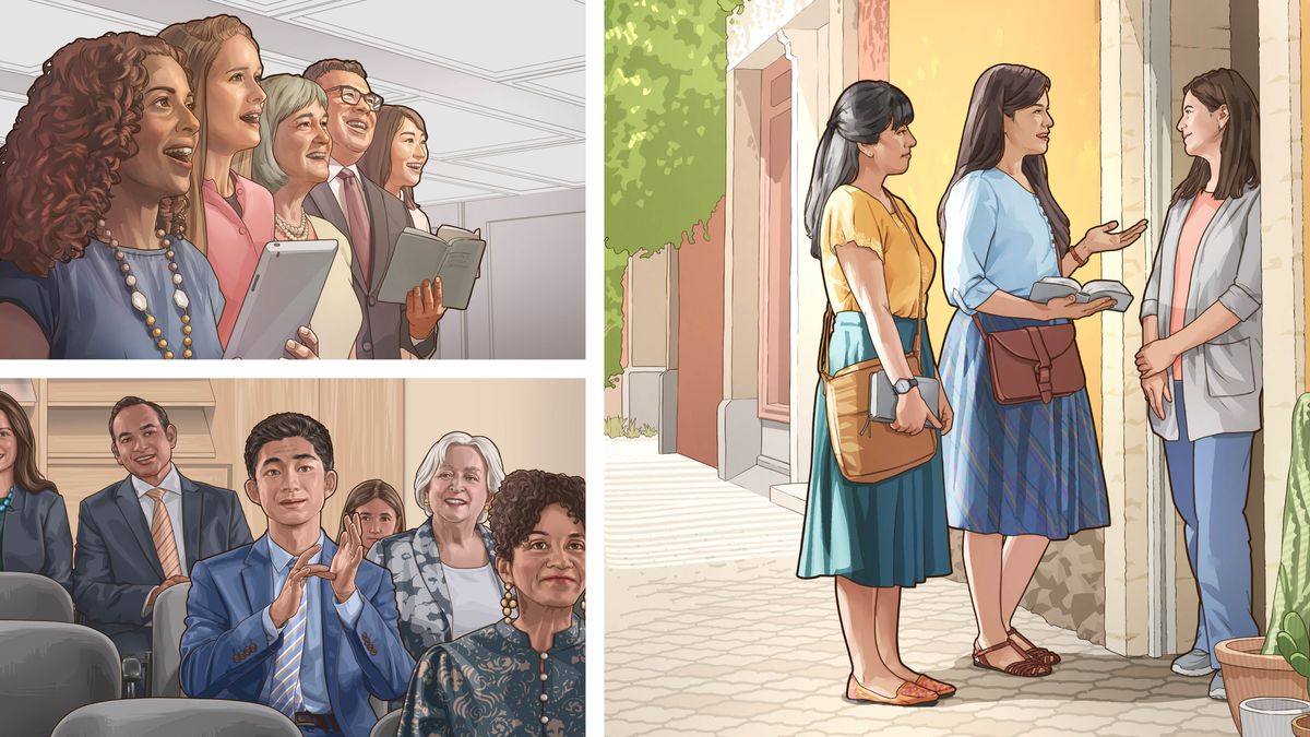 Képösszeállítás: Három mód, ahogyan dicsérhetjük Jehovát. 1. Testvérek és testvérnők énekelnek az összejövetelen. 2. Egy testvér hozzászól a gyülekezetben. 3. Két testvérnő házról házra tanúskodik.